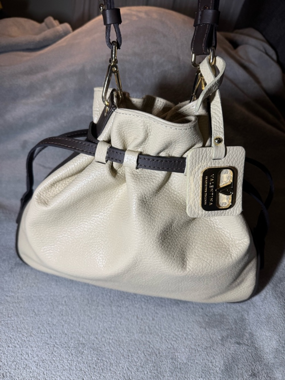 Valentina Cream and Dark Brown Leather Drawstring Shoulder Bag